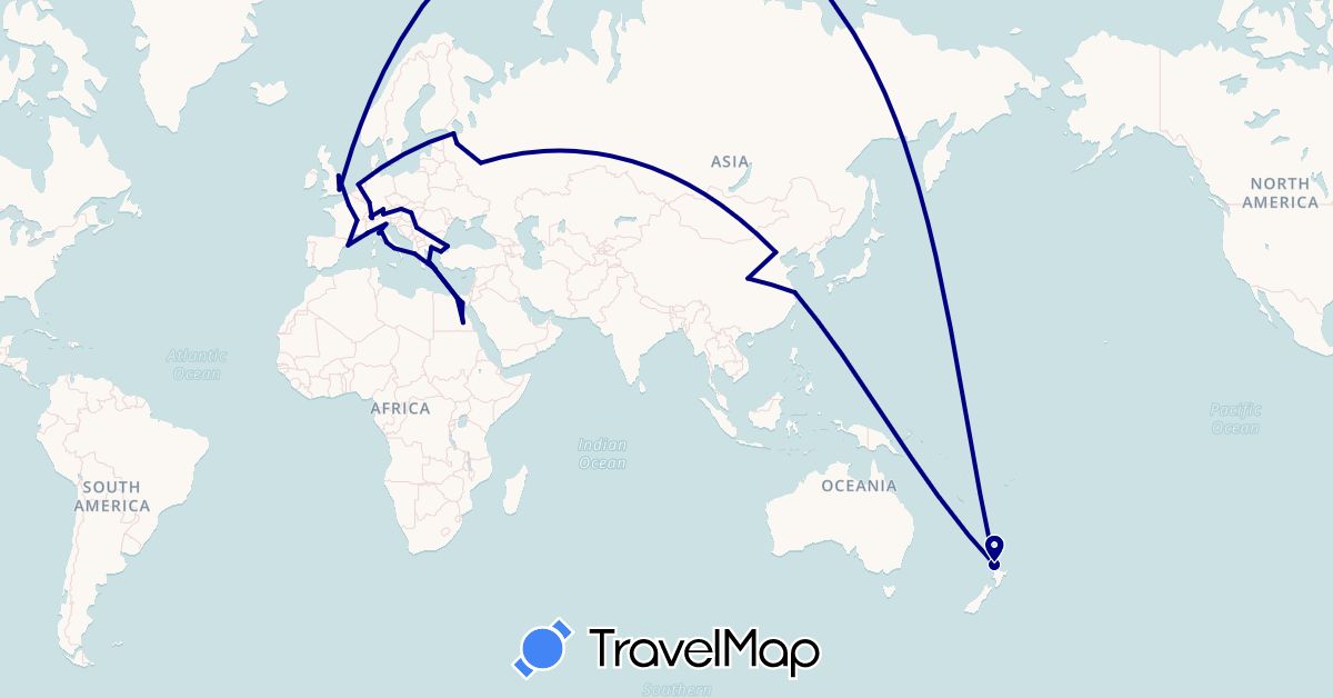 TravelMap itinerary: driving in Austria, Switzerland, China, Germany, Egypt, Spain, France, United Kingdom, Greece, Hungary, Italy, Netherlands, New Zealand, Serbia, Russia, Turkey (Africa, Asia, Europe, Oceania)